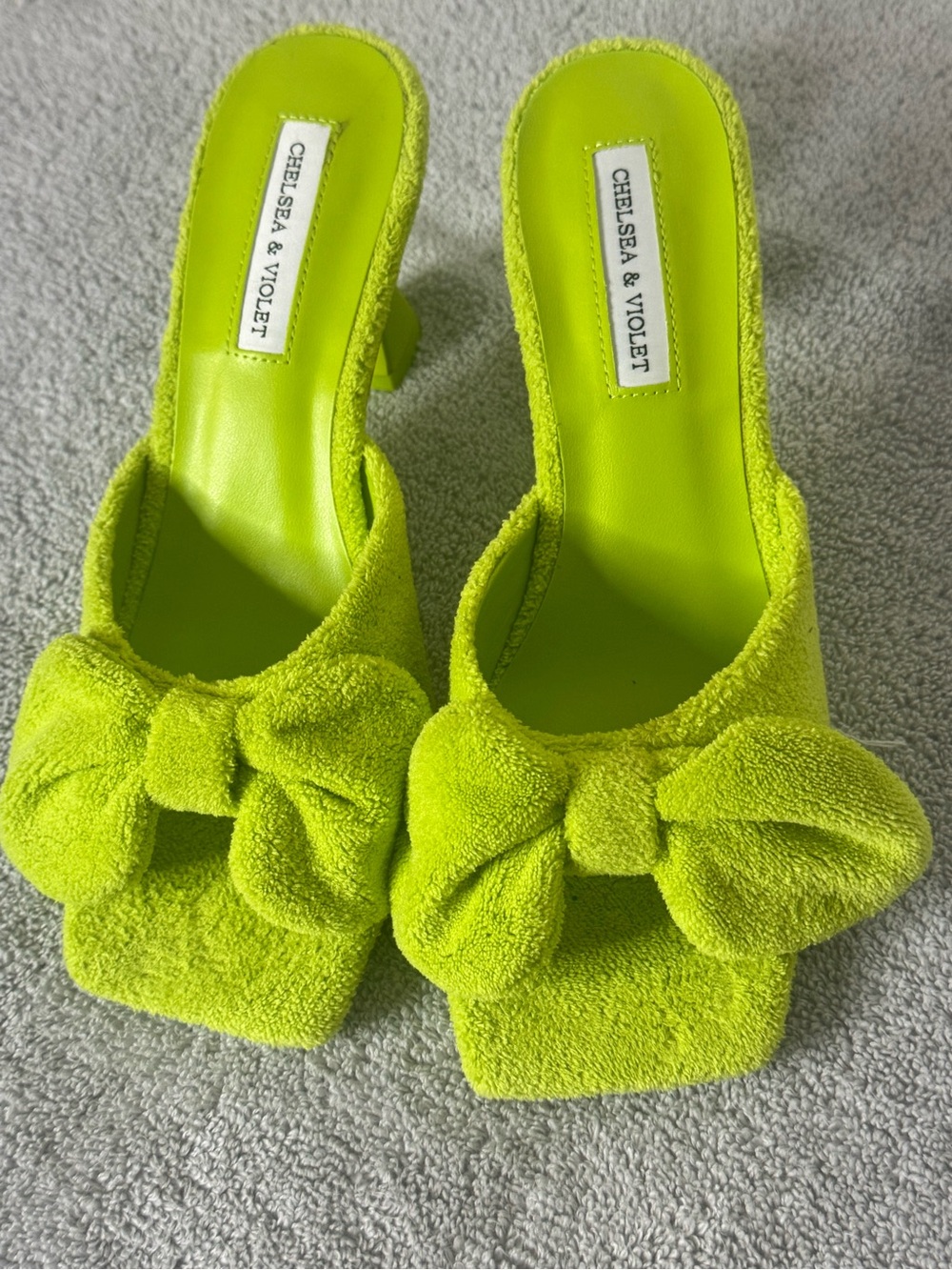 Chelsea & Violet Neon Lime Bow Slide Mules